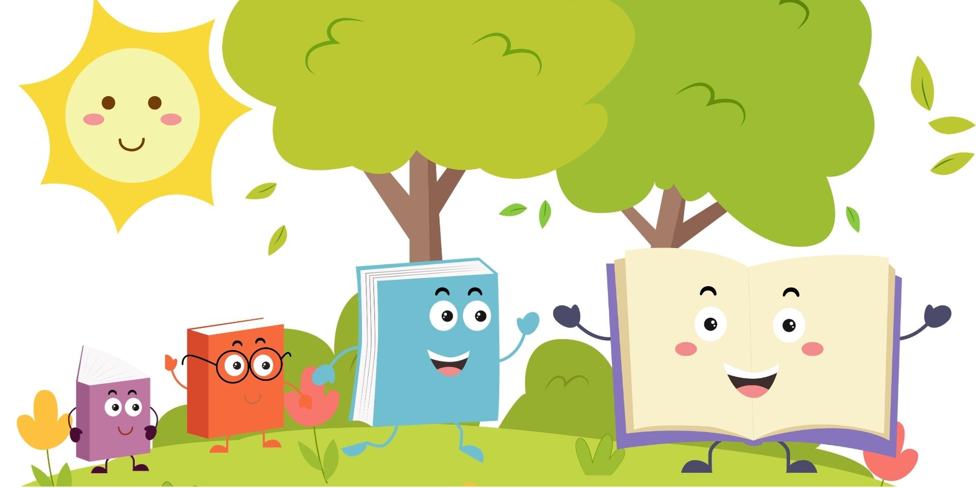 Three cartoon books running to an open book in a park.