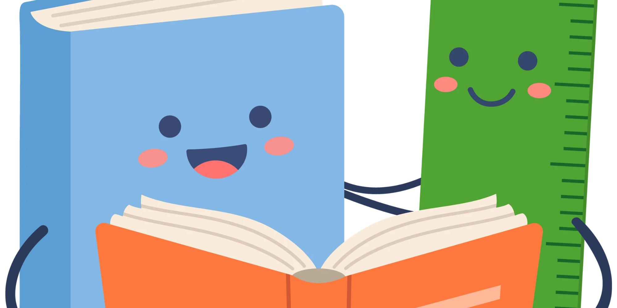 Blue cartoon book and green cartoon ruler reading orange book together.