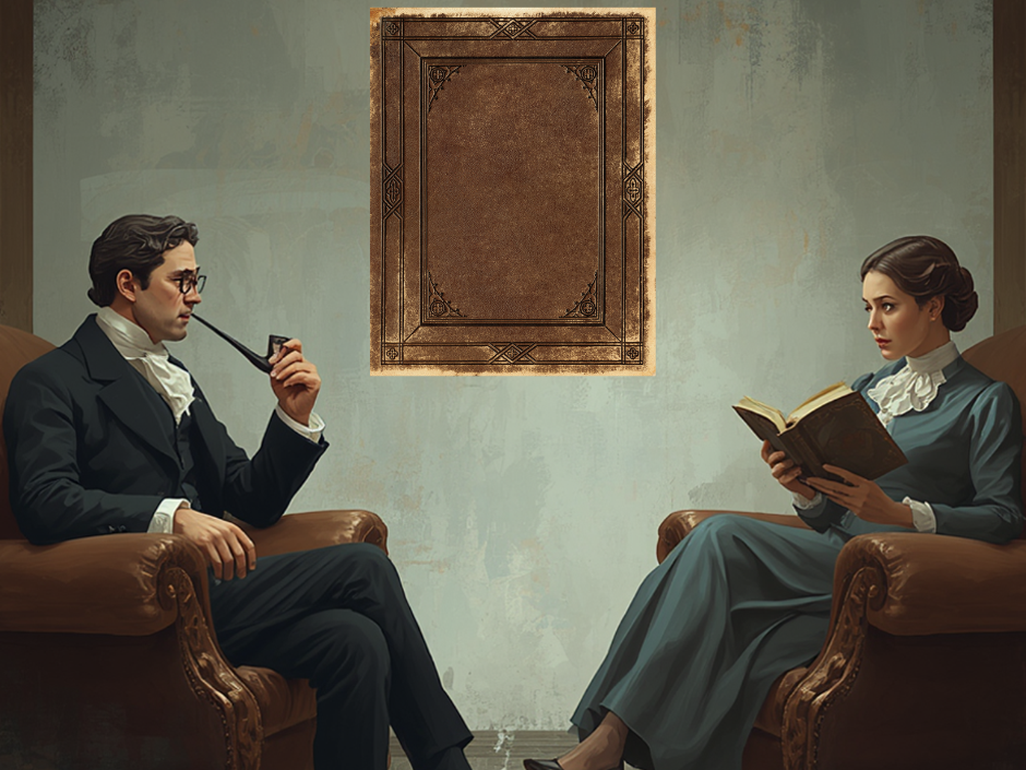 two people face each with a mystery blank book in between